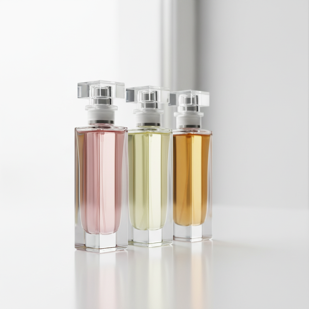 Three perfume bottles representing different scent families
