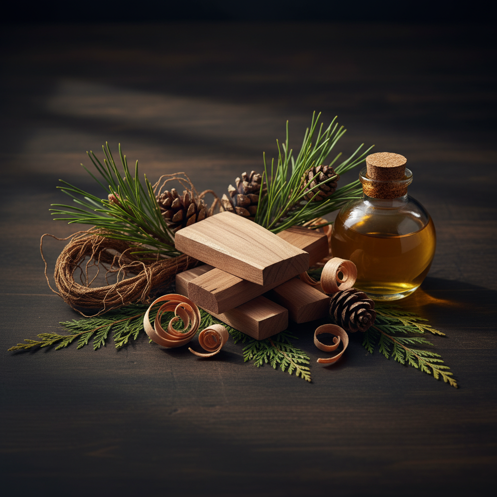 Woodsy scent ingredients including sandalwood, cedar, and pine